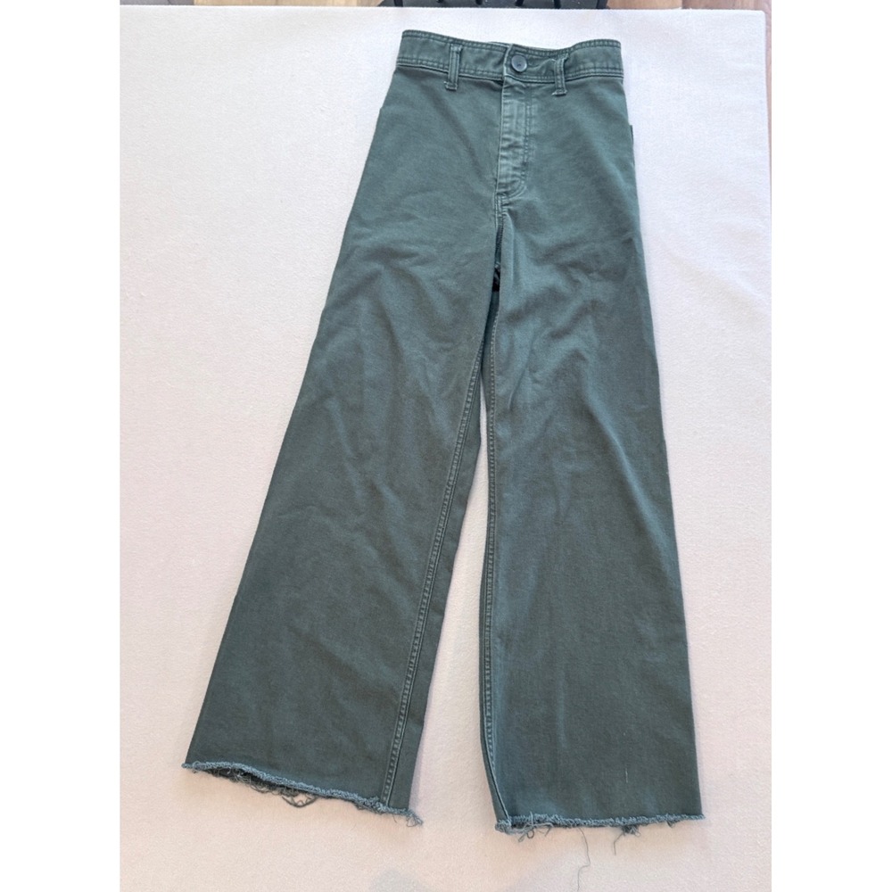 Zara Women Green High Waisted Wide Leg Raw Hem Denim Jeans Size 2 / 24